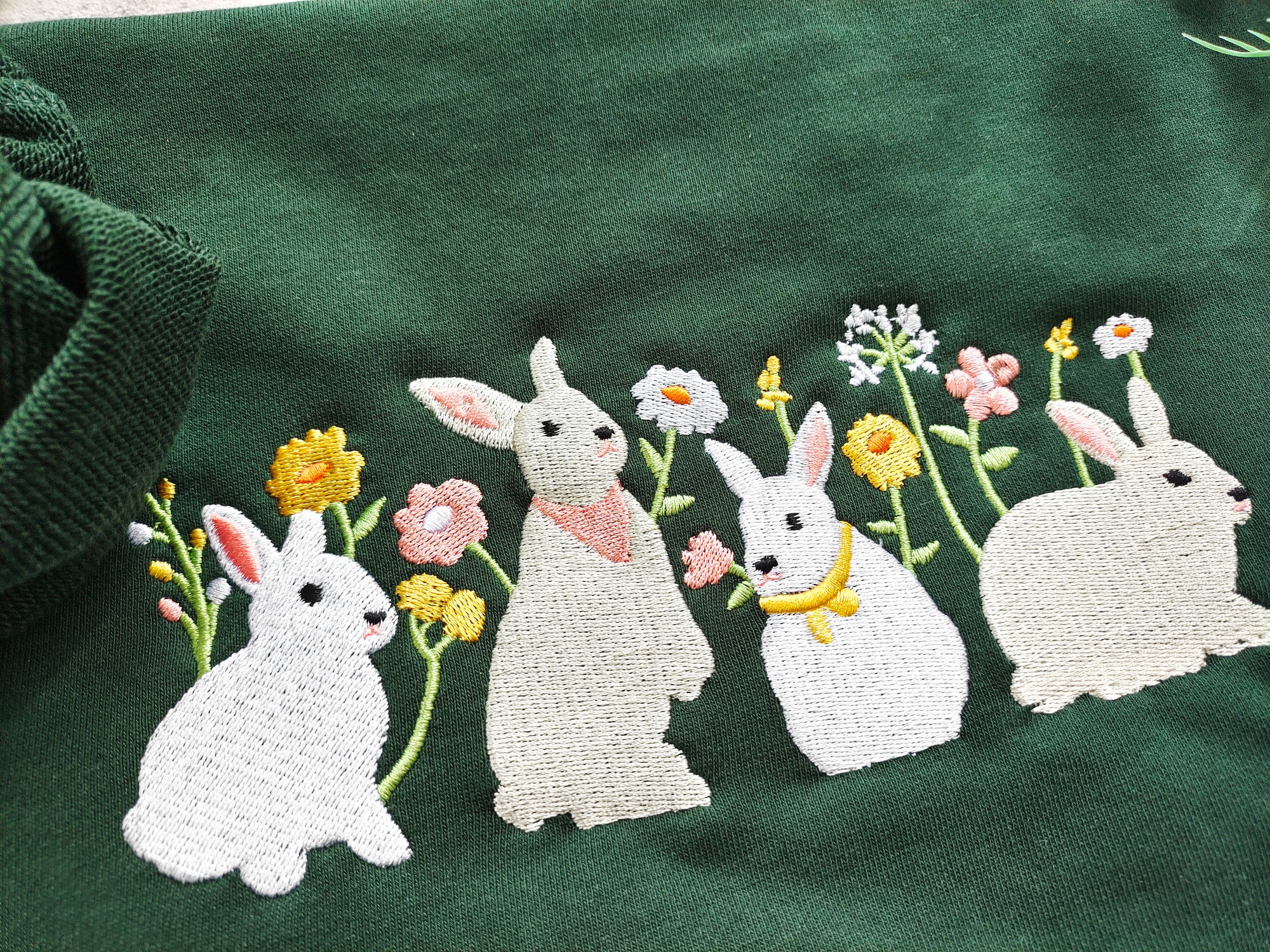 Rabbit And Flower Embroidered Sweatshirt - Cute Rabbit Crewneck Gift for Her Friends Easter Gifts image 2