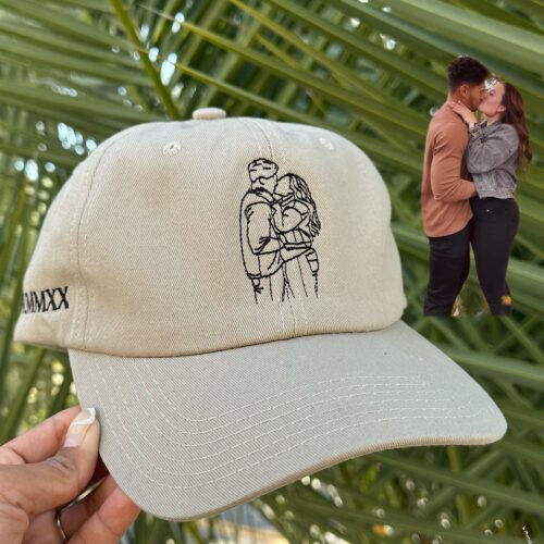 Line Art Portrait & Roman Numerals Date Embroidered Dad Hat - Couples Gift for Her & Him image 0