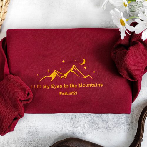 Retro Christian "I Lift My Eyes to the Mountains" Embroidered Sweatshirt - Mountain Bible Verse Crewneck Gifts for Women image 0