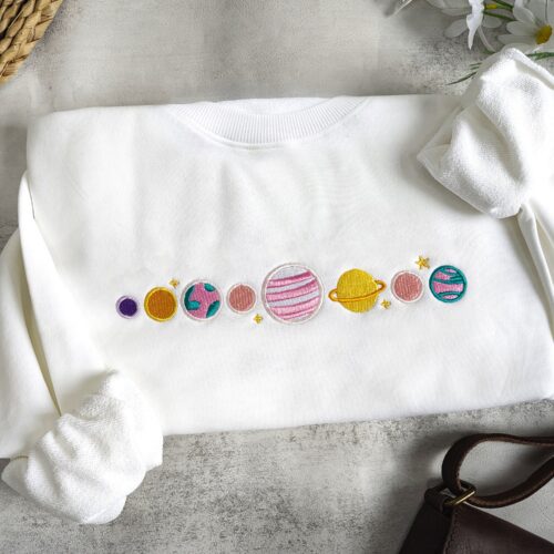 Pink Planets Embroidered Sweatshirt - Comfy Space Crewneck Cute Sweatshirt image 0