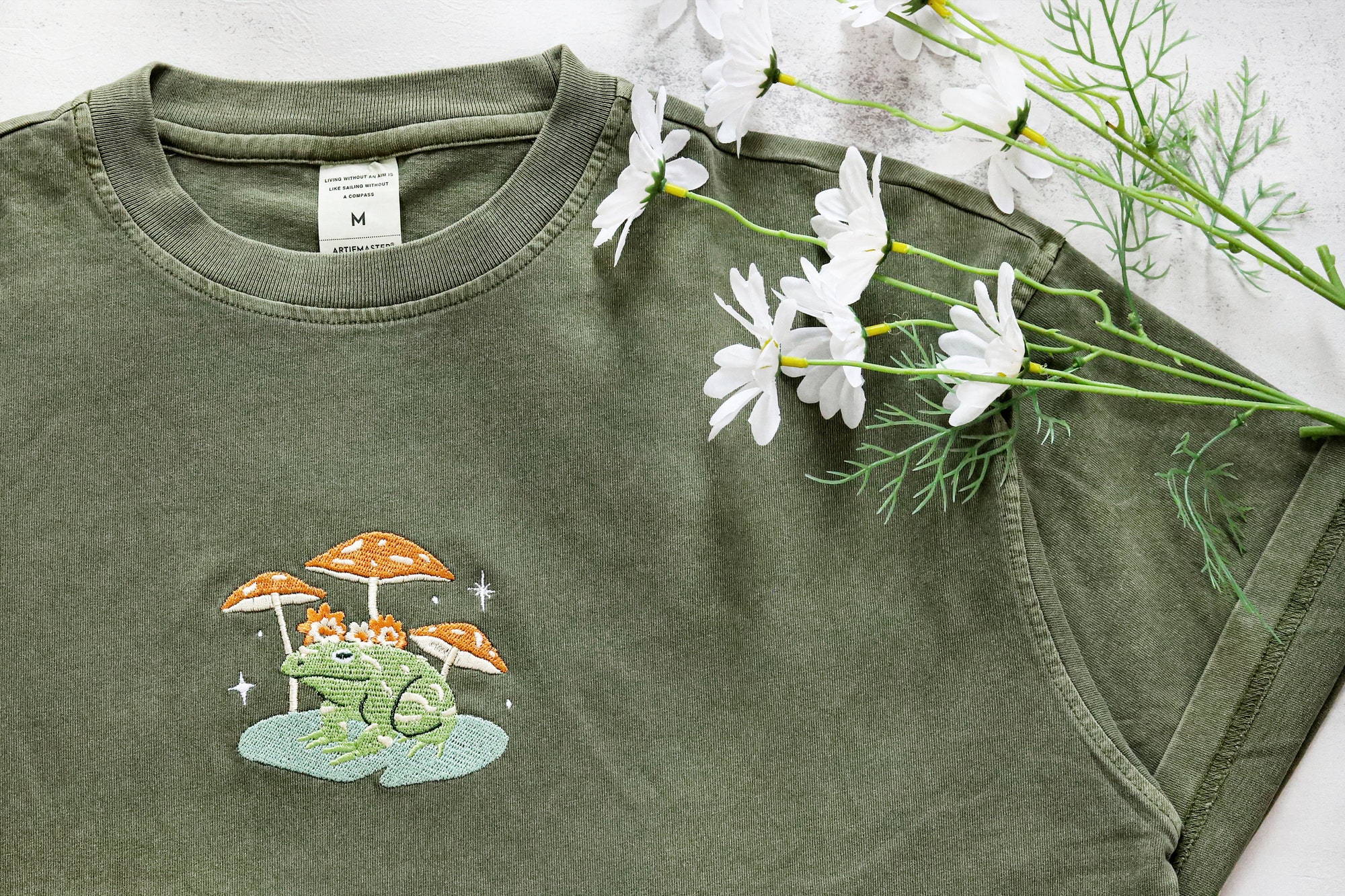 Frog and Mushroom Embroidered T-Shirt - Personalized Vintage Unisex Shirt Oversized Tees Gifts for Her/Him Nature Lover's Gift image 3