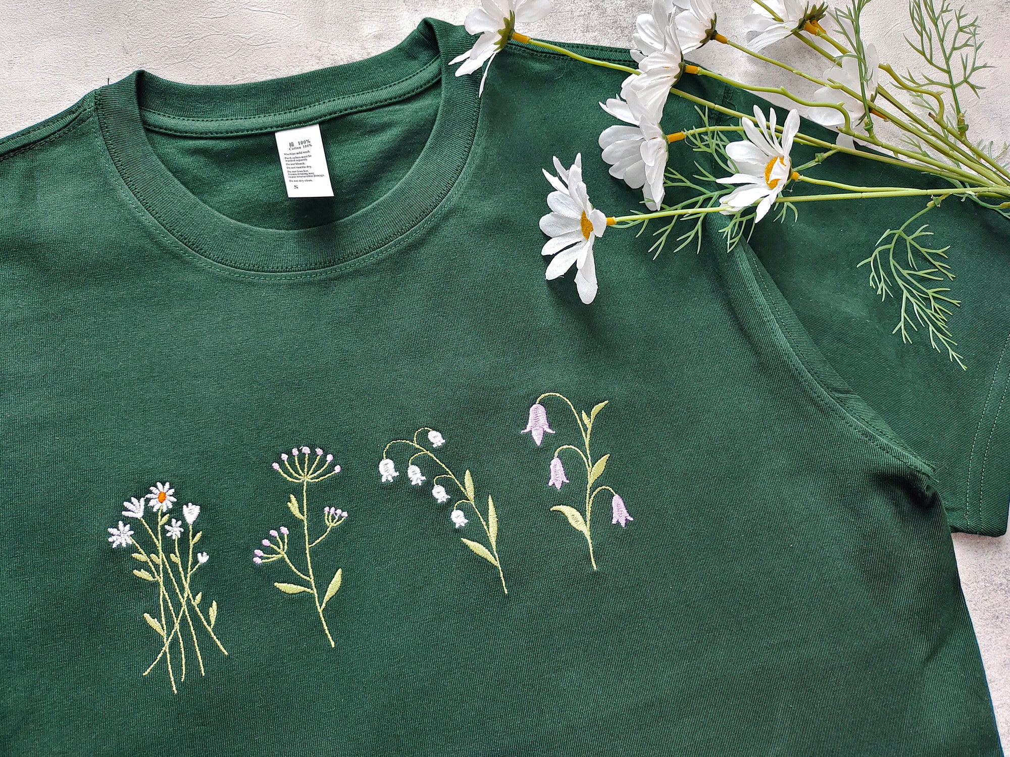 Lovely Wildflowers Embroidered T-Shirt - Dark Green Daisy Shirt Floral Embroidery Tees Gifts for Her/Him Gifts for Mum image 3