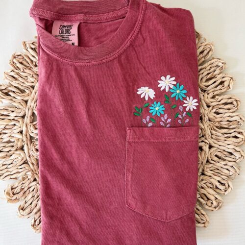 Embroidered Crewneck Daisy Pocket T-Shirt - Comfort Colors Embroidered Flower Shirt Embroidered Shirt for Women Spring Clothing image 0