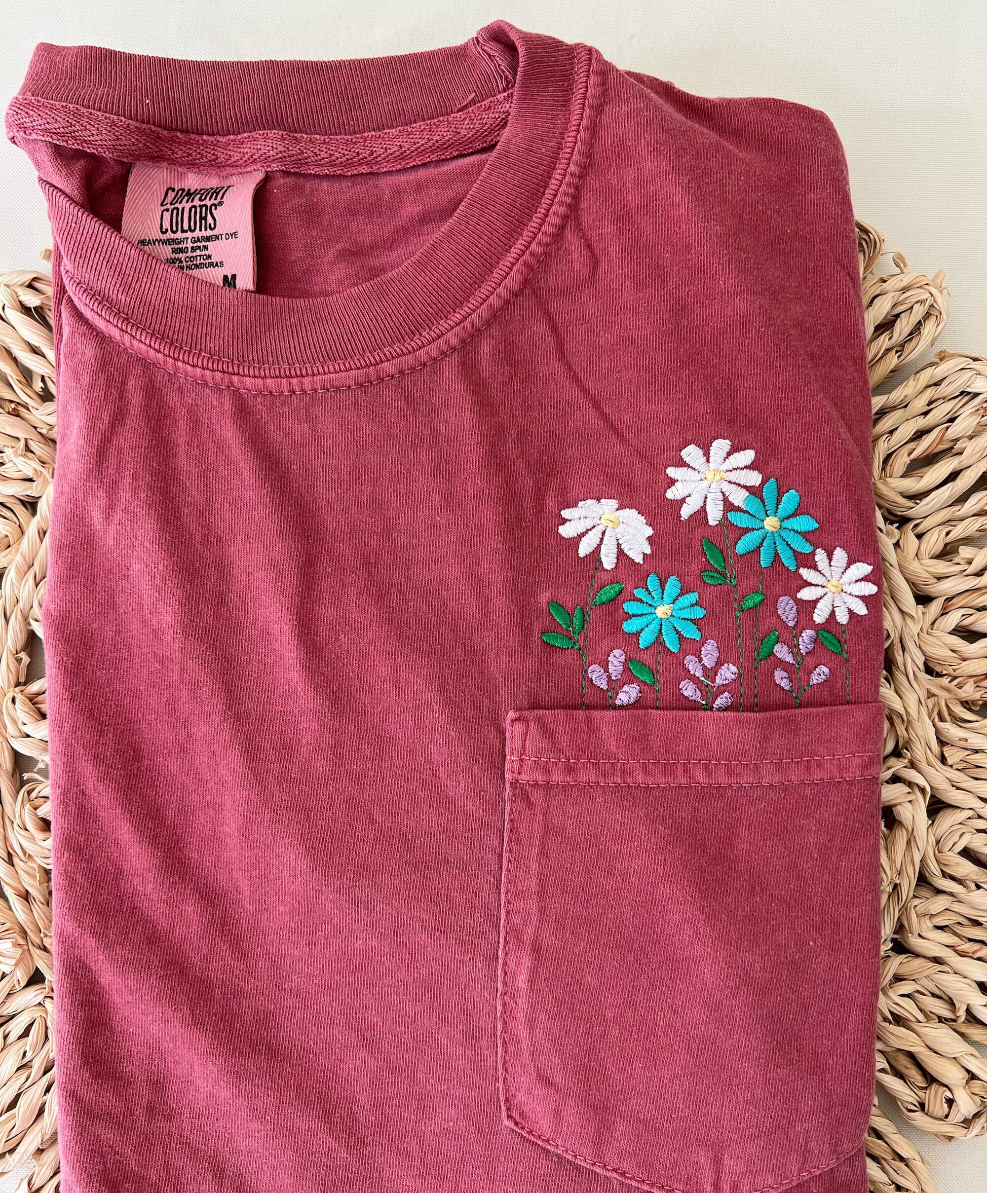 Embroidered Crewneck Daisy Pocket T-Shirt - Comfort Colors Embroidered Flower Shirt Embroidered Shirt for Women Spring Clothing image 1