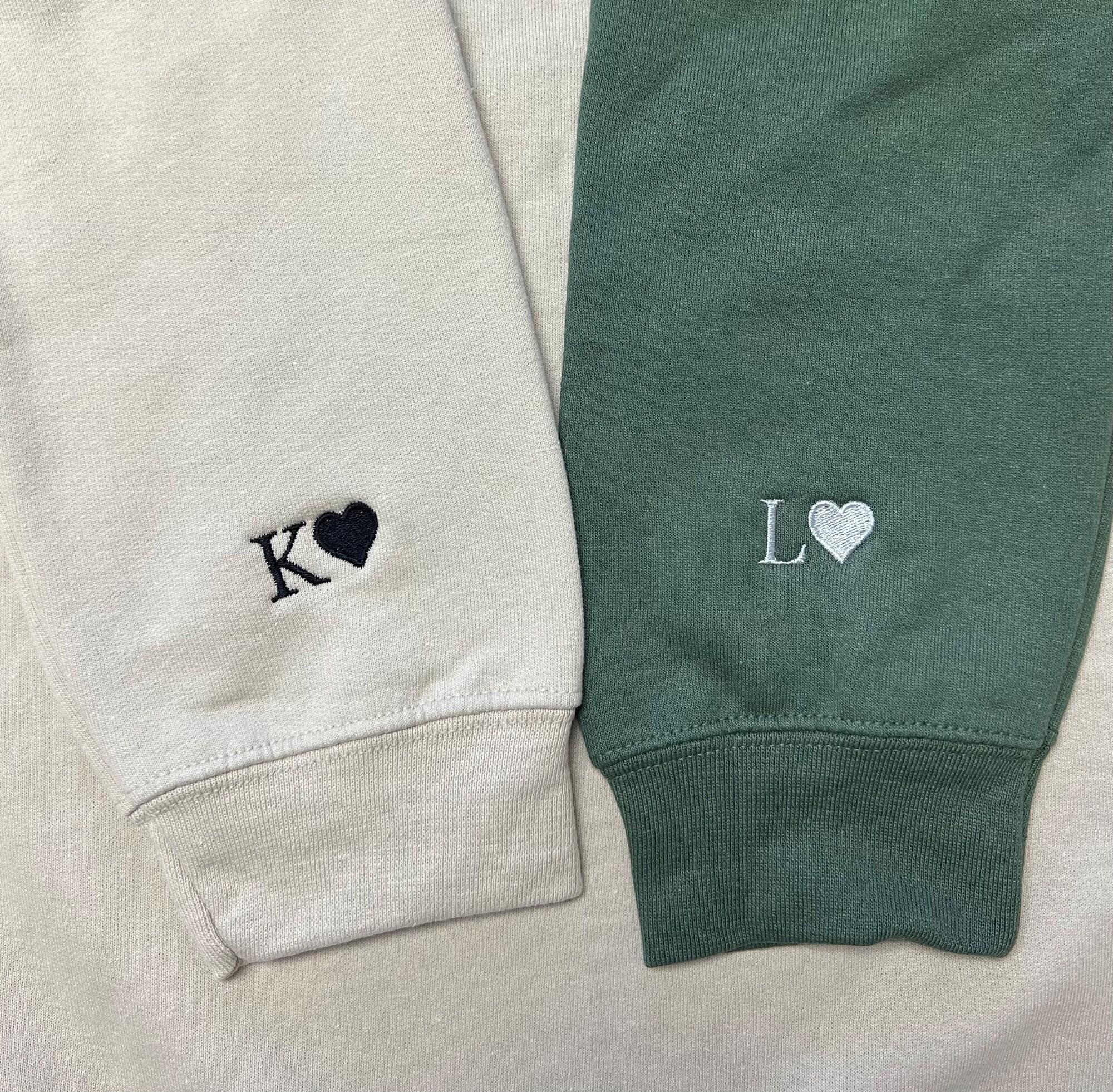 Custom Embroidered Initial Heart Sweatshirt - Initial on Sleeve Couple Shirt Anniversary Gift Custom Embroidered Hoodie image 1