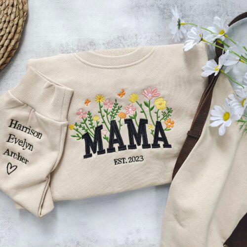 Custom Mama Embroidered Floral Sweatshirt - Custom Mama Crewneck with Kids' Names Heart on Sleeve Gift for New Mom Mother's Day Gift image 0