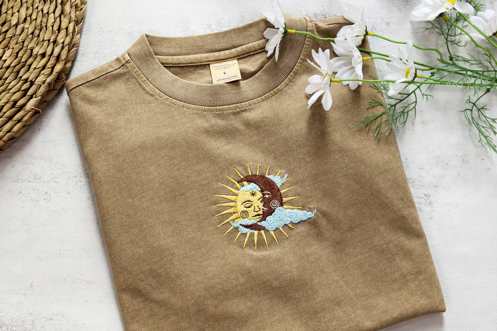 Sun And Moon Embroidered T-Shirt - Bohemian Moon Shirt Oversized Vintage Tee Gifts for Her/Him image 4