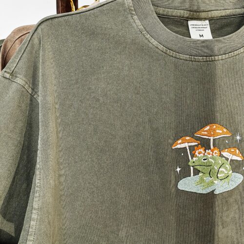 Frog and Mushroom Embroidered T-Shirt - Personalized Vintage Unisex Shirt Oversized Tees Gifts for Her/Him Nature Lover's Gift image 0