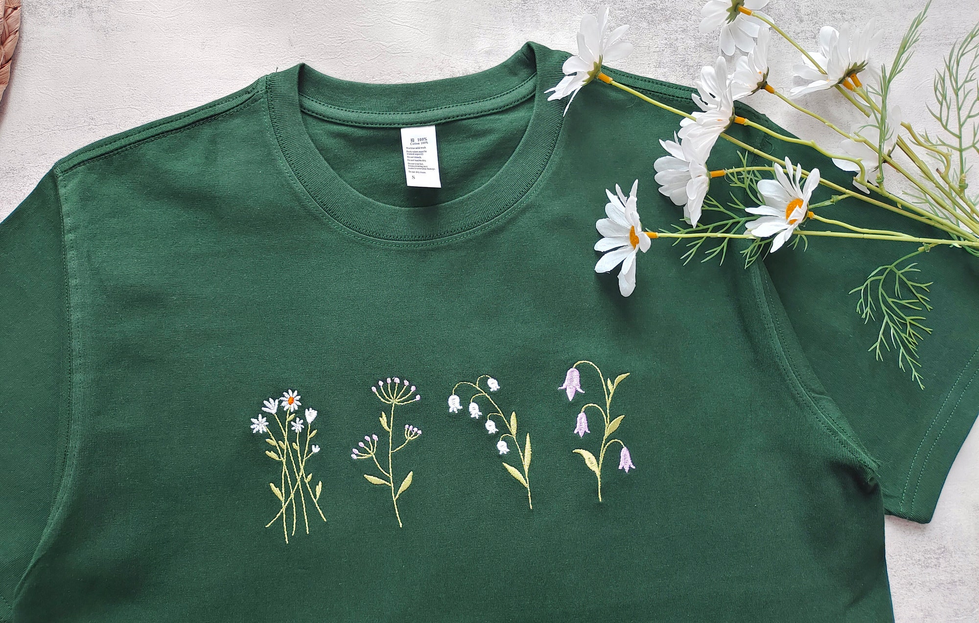 Lovely Wildflowers Embroidered T-Shirt - Dark Green Daisy Shirt Floral Embroidery Tees Gifts for Her/Him Gifts for Mum image 1