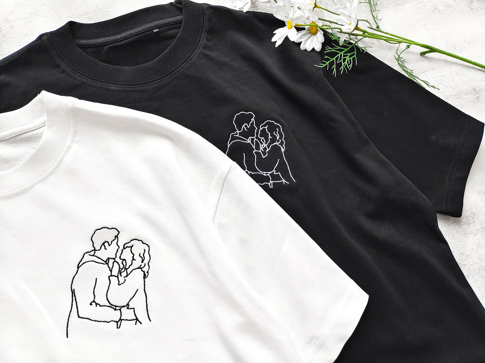 Custom Personalized Portrait Embroidered Shirt - Outline Photo T-Shirt Couple Line Art Shirt Valentine's Day Gift Mother's Day Shirt image 1