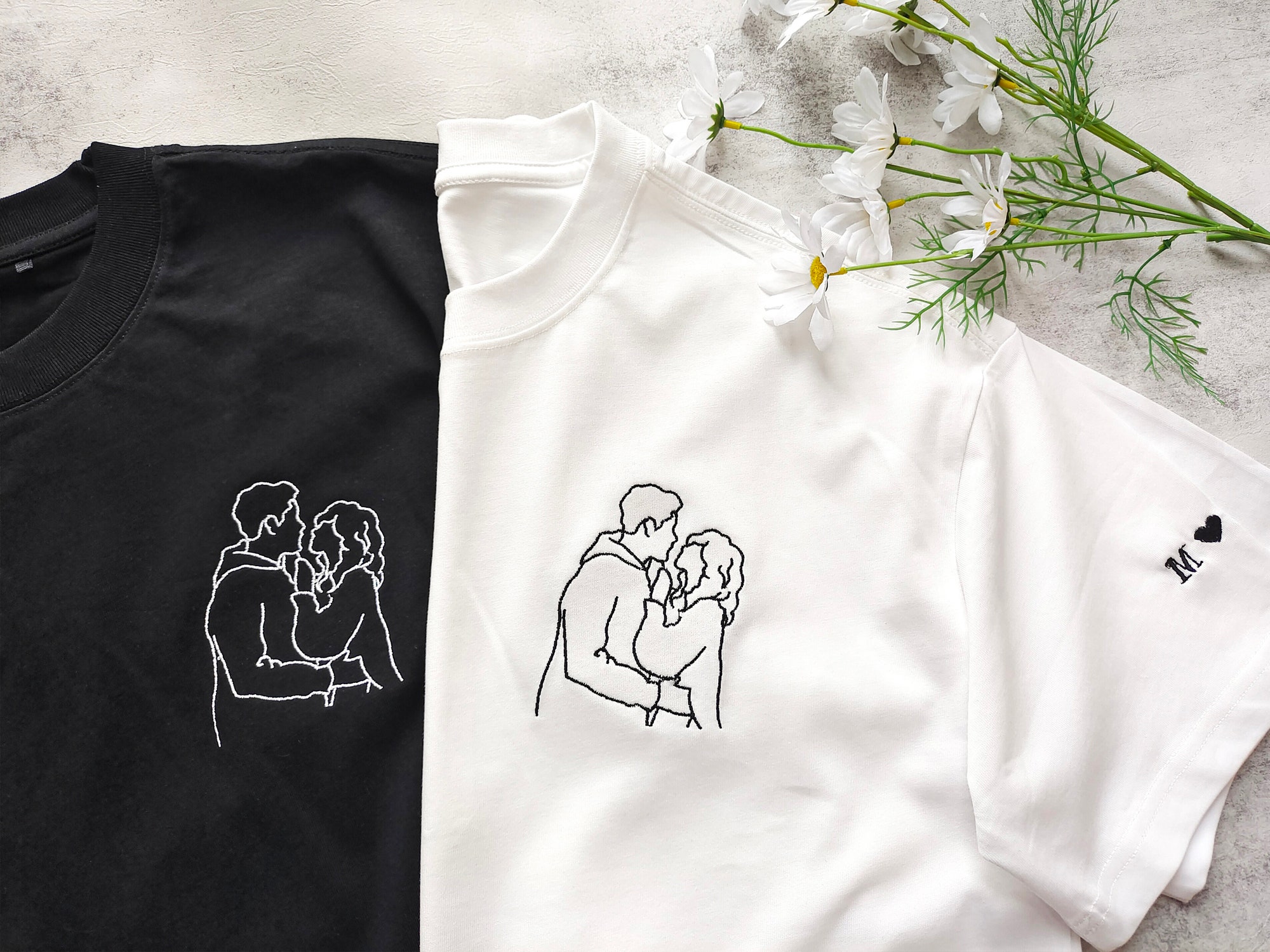 Custom Personalized Portrait Embroidered Shirt - Outline Photo T-Shirt Couple Line Art Shirt Valentine's Day Gift Mother's Day Shirt image 2