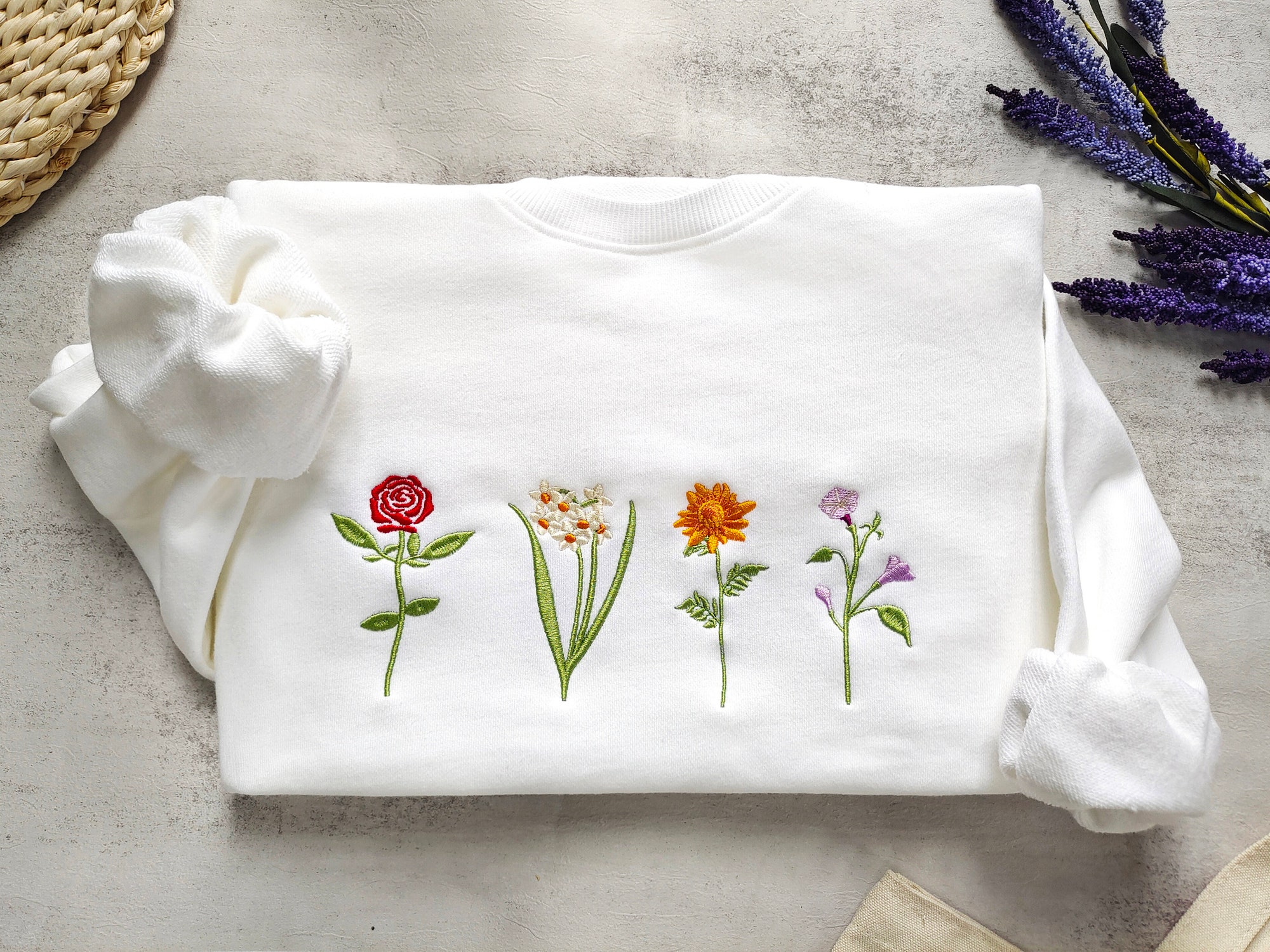 Custom Birth Month Birth Flower Embroidered Sweatshirt - Personalized Flower Gift for Mom and Grandmother Flower Sweater image 1