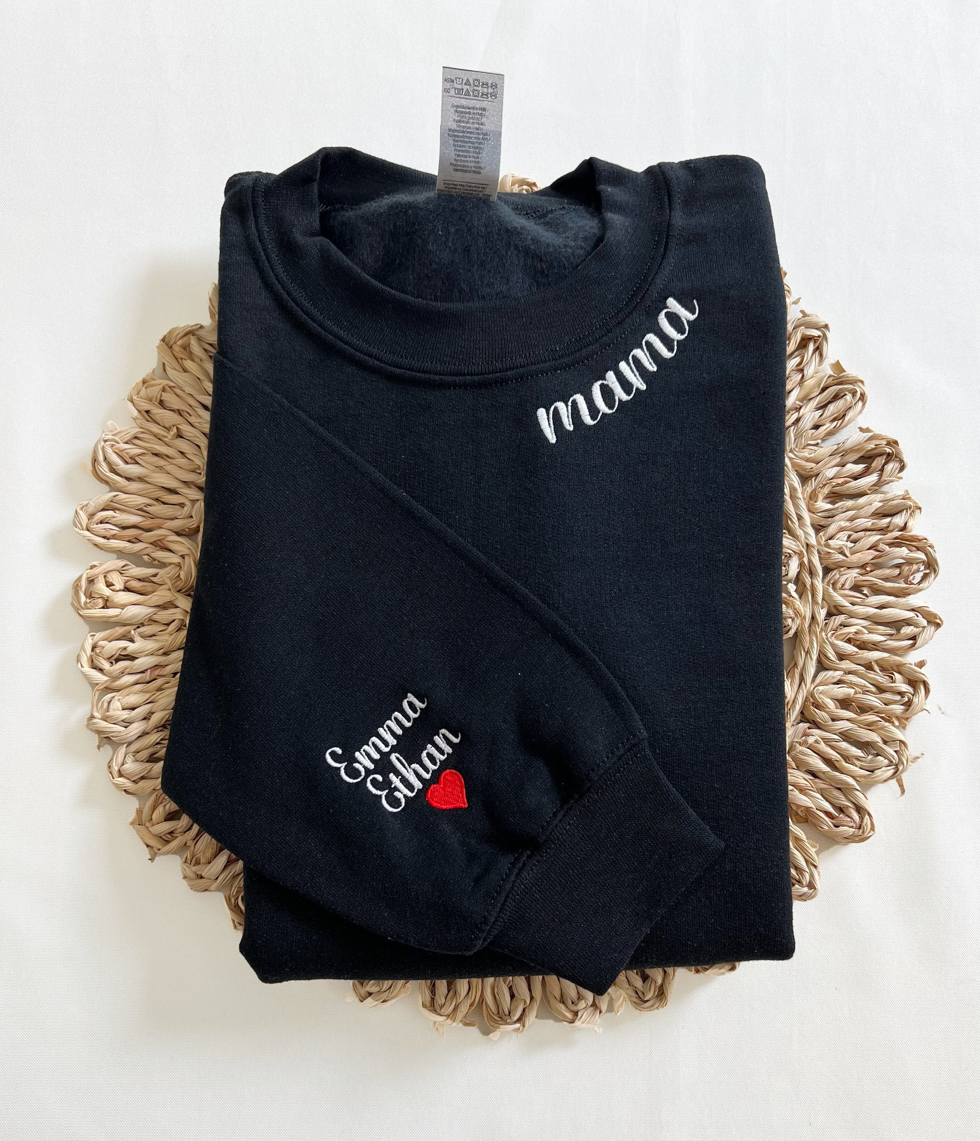 Custom Collar and Sleeve Embroidered Sweatshirt - Embroidered Mom and Grandma Sweatshirt with Kids' Names on Sleeve Personalized Gift for Her image 1