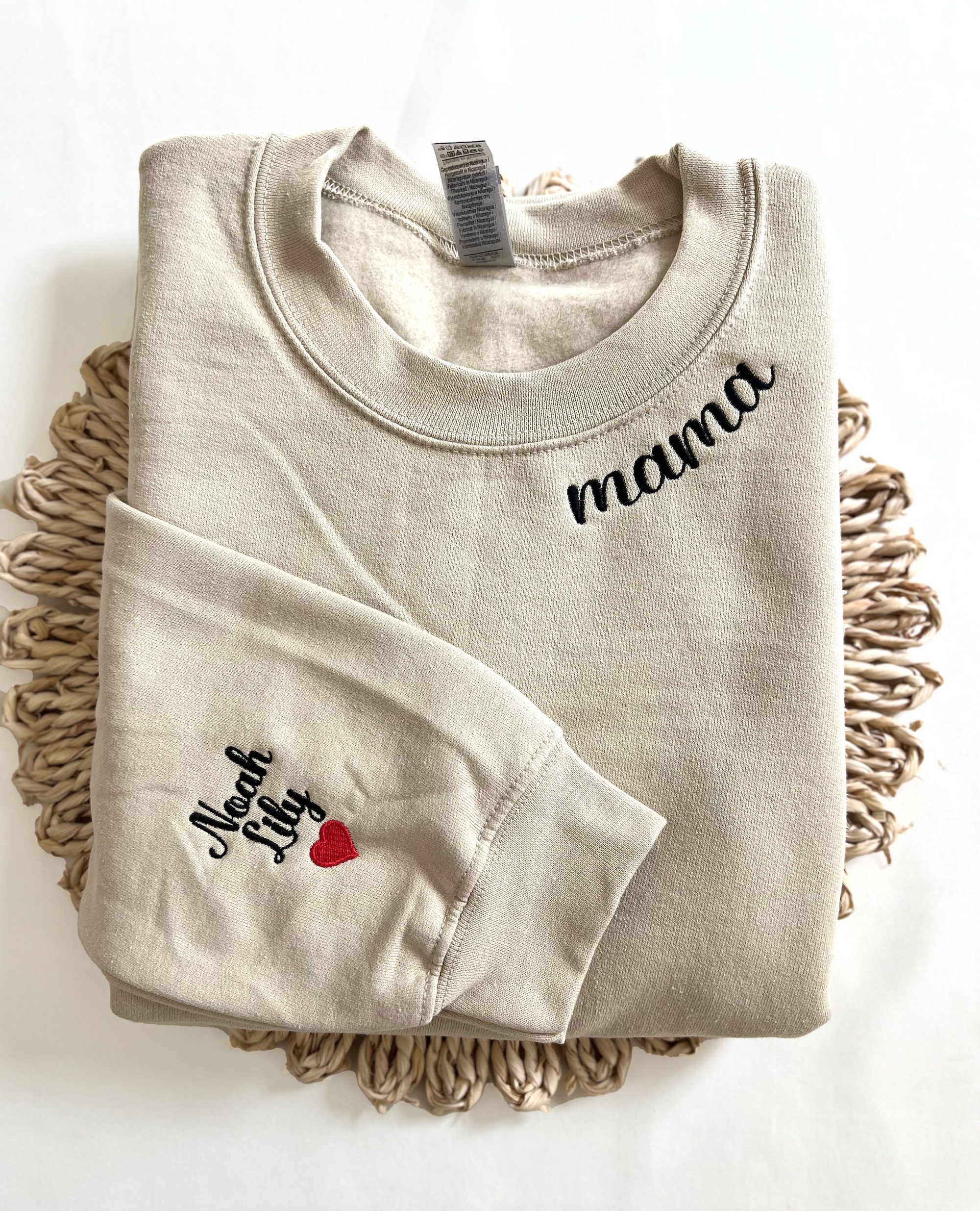 Custom Collar and Sleeve Embroidered Sweatshirt - Embroidered Mom and Grandma Sweatshirt with Kids' Names on Sleeve Personalized Gift for Her image 2