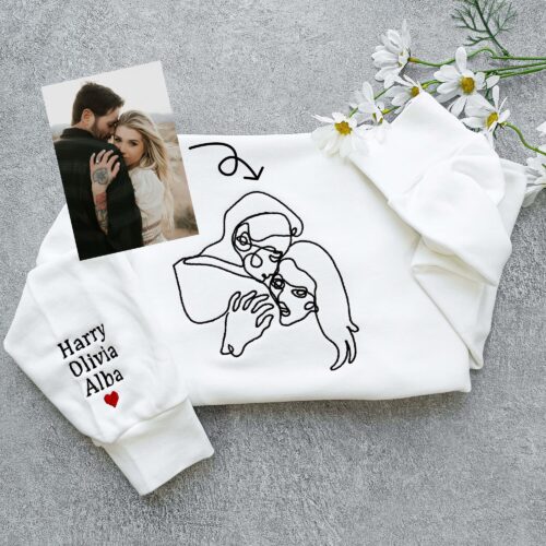 Custom Photo Line Embroidered Sweatshirt - Personalized Outline Photo Sweatshirt Custom Couple Hoodie Wedding Gift image 0