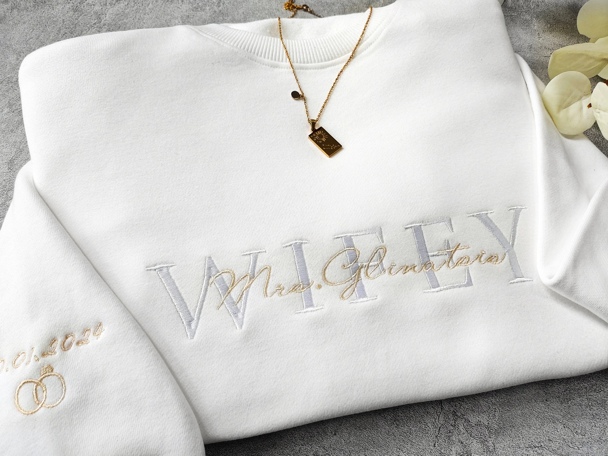 Wifey Sweatshirt - Personalized Future Mrs. Embroidered Crewneck with Last Name Gift for Couple Matching Hoodie image 3