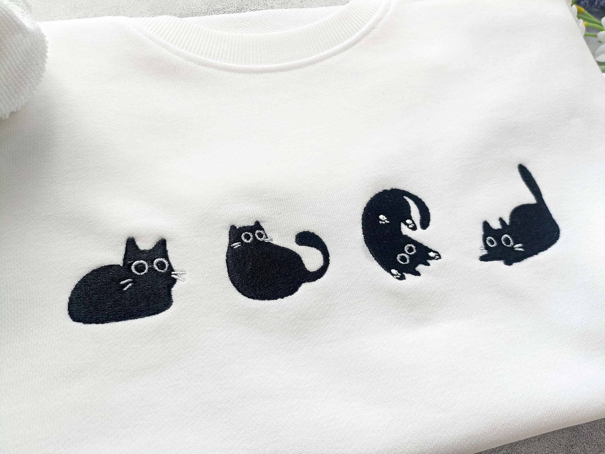 Lovely Black Cat Embroidered Sweatshirt - Crewneck Holiday Gifts for Her Cat Lover Gift image 2
