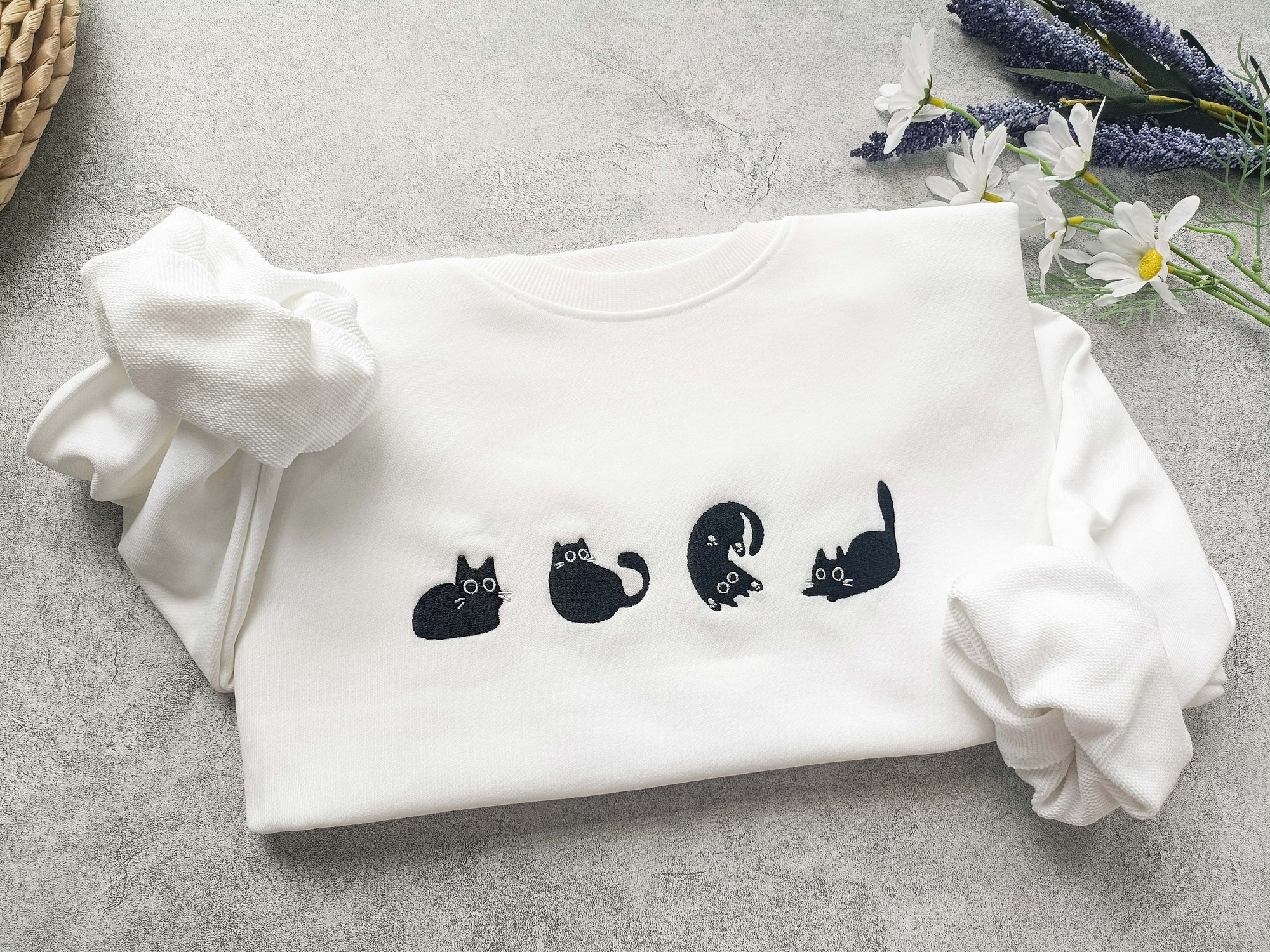 Lovely Black Cat Embroidered Sweatshirt - Crewneck Holiday Gifts for Her Cat Lover Gift image 1