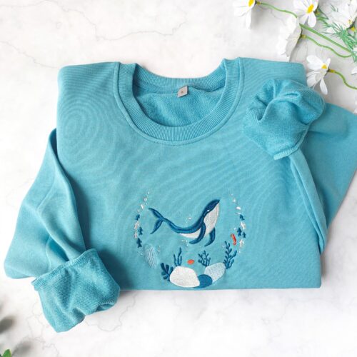 Blue Ocean Whale Embroidered Sweatshirt - Whale Embroidery Crewneck Nature Lover Gift image 0