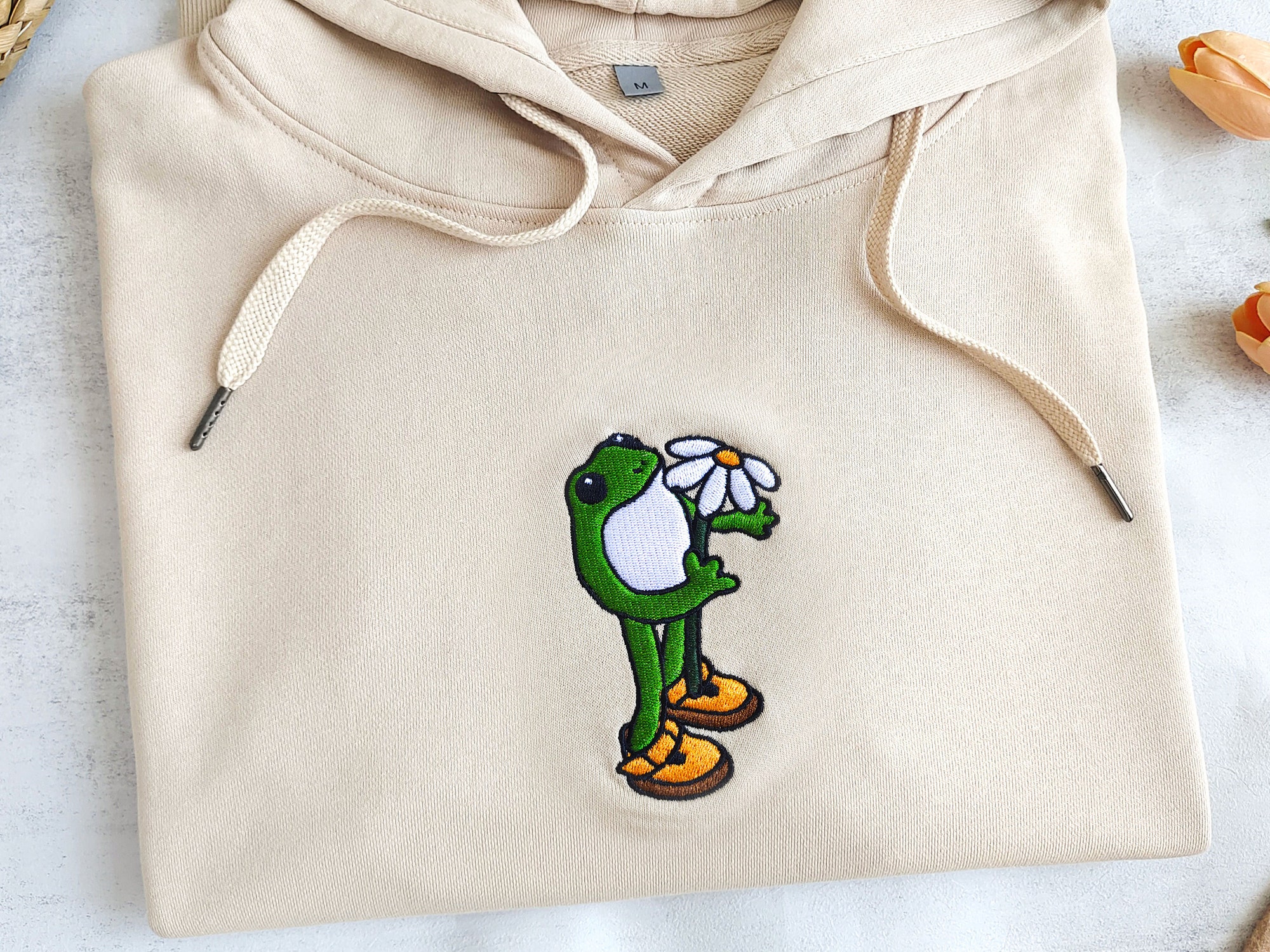 Embroidered Frog Hoodie - Cute Daisy Sweatshirt Frog with Flower Christmas Sweatshirt Gift for Nature Lovers and Frog Lovers image 2