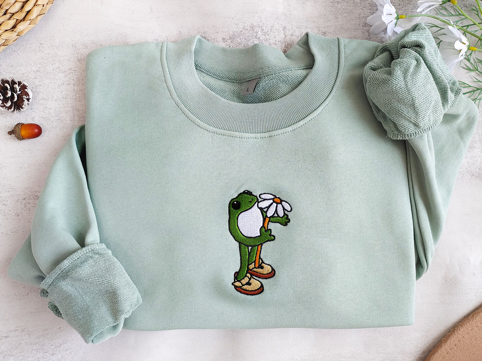 Embroidered Frog Hoodie - Cute Daisy Sweatshirt Frog with Flower Christmas Sweatshirt Gift for Nature Lovers and Frog Lovers image 1