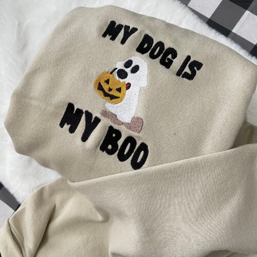 My Dog Is My Boo Ghost Halloween Embroidered Sweatshirt - Trendy Crewneck Fall Fashion Made to Order Gifts for Her Custom Made image 0