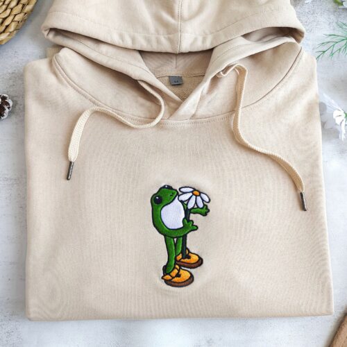 Embroidered Frog Hoodie - Cute Daisy Sweatshirt Frog with Flower Christmas Sweatshirt Gift for Nature Lovers and Frog Lovers image 0