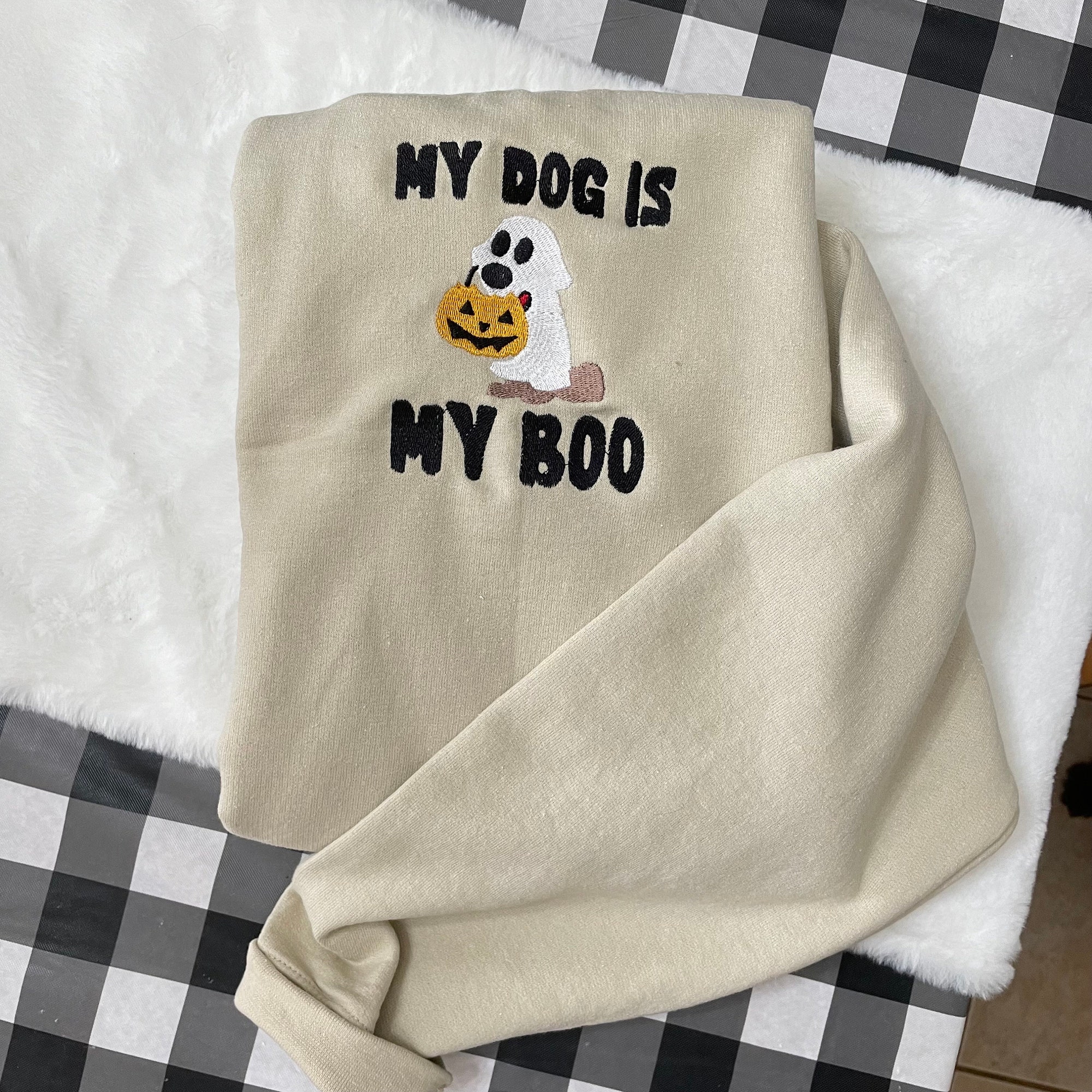 My Dog Is My Boo Ghost Halloween Embroidered Sweatshirt - Trendy Crewneck Fall Fashion Made to Order Gifts for Her Custom Made image 1