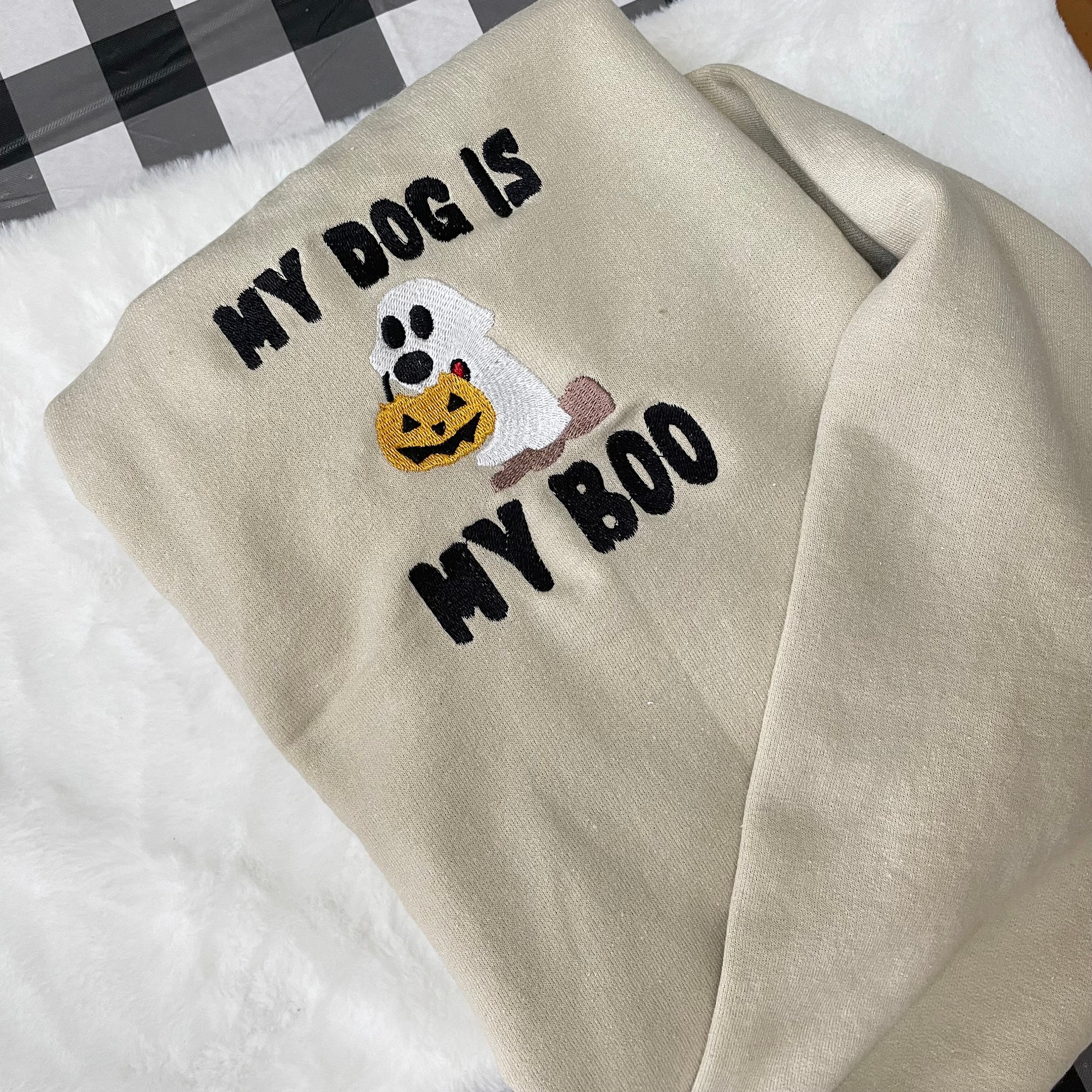 My Dog Is My Boo Ghost Halloween Embroidered Sweatshirt - Trendy Crewneck Fall Fashion Made to Order Gifts for Her Custom Made image 2