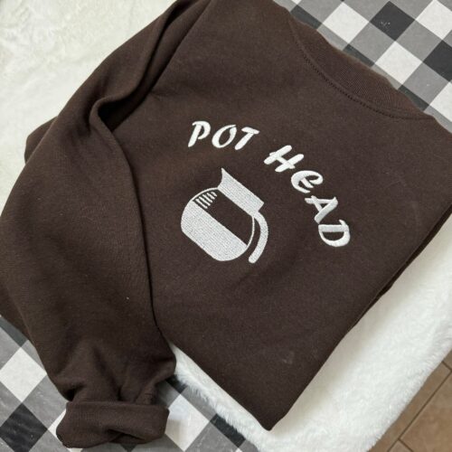 Pot Head Coffee Embroidered Sweatshirt - Y2K Style Crewneck Unisex Funny Clothing Gifts for Her Coffee Addict image 0