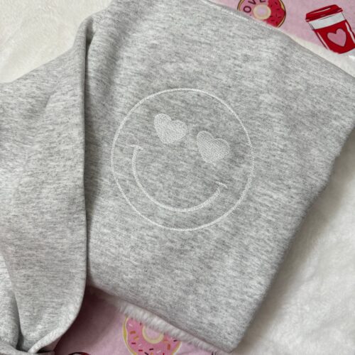 Smiley Face Heart Eyes Embroidered Sweatshirt - Y2K Style Crewneck Unisex Funny Clothing Valentine's Day Love Gift image 0