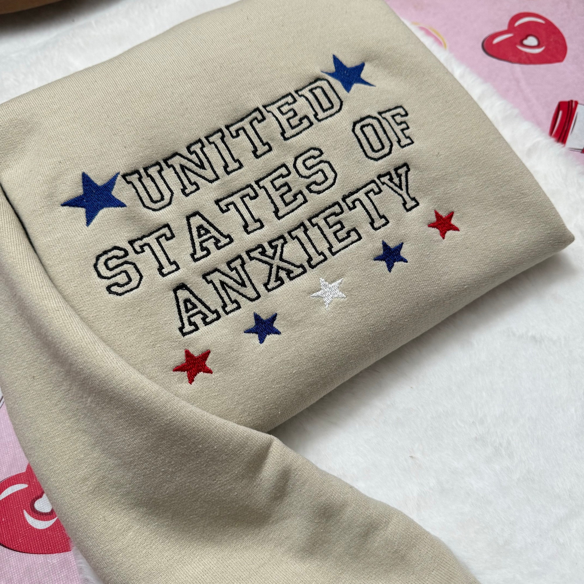 United States of Anxiety Embroidered Sweatshirt - Y2K Style Crewneck Unisex Funny Clothing Gifts for Her Mental Health image 1