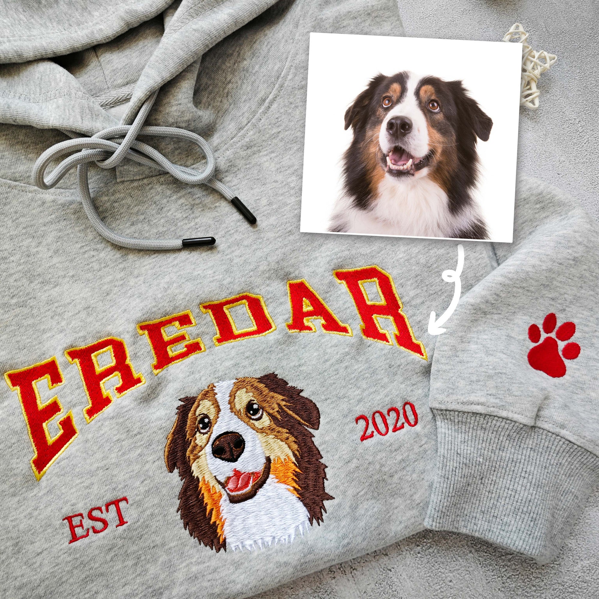 Custom Dog Hoodie - Embroidered Dog Name Personalized Pet Face Sweatshirt from Your Photo Varsity Style Gifts for Dog Lovers image 1