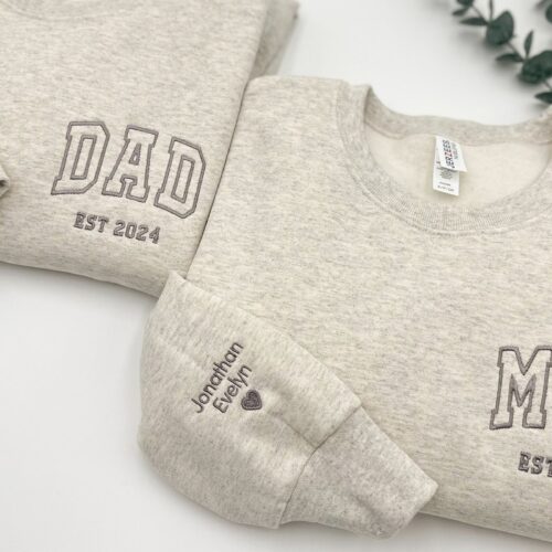 DAD MOM Embroidered Sweatshirt or Hoodie - Name on Sleeve with Heart Dada Mama Crewneck Gift for Dad and Mom New Parents Daddy Est. Year image 0