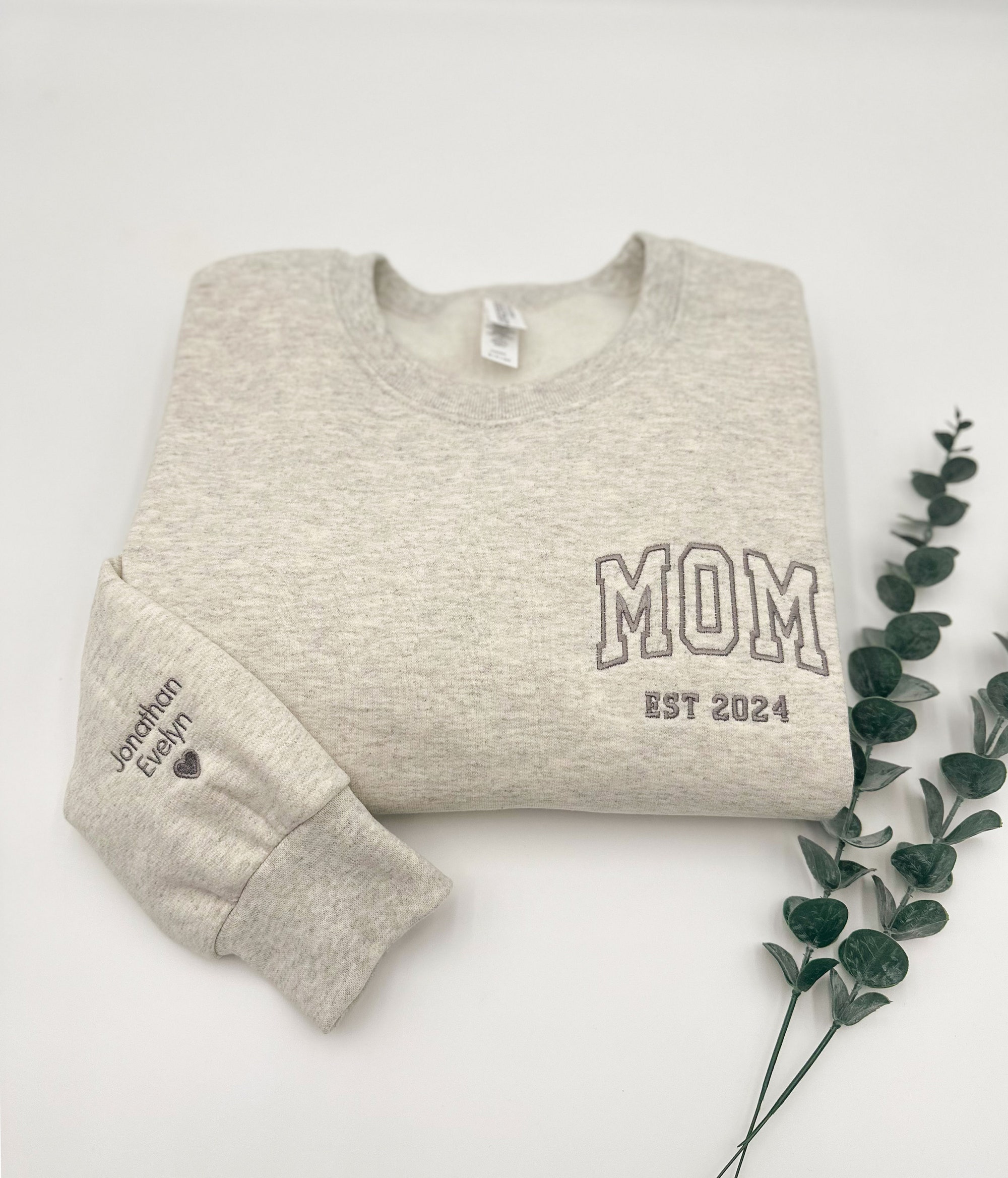 MOM Embroidered Sweatshirt or Hoodie - Name on Sleeve with Heart Mama Crewneck Father's Day Gift for Mom New Mom Mommy Est. Year Shirt image 1