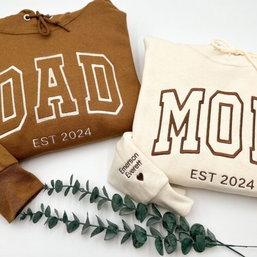 DAD MOM Embroidered Sweatshirt or Hoodie - Name on Sleeve with Heart Dada Mama Crewneck Gift for Dad Mom New Dad Mom Daddy Est. Year image 0