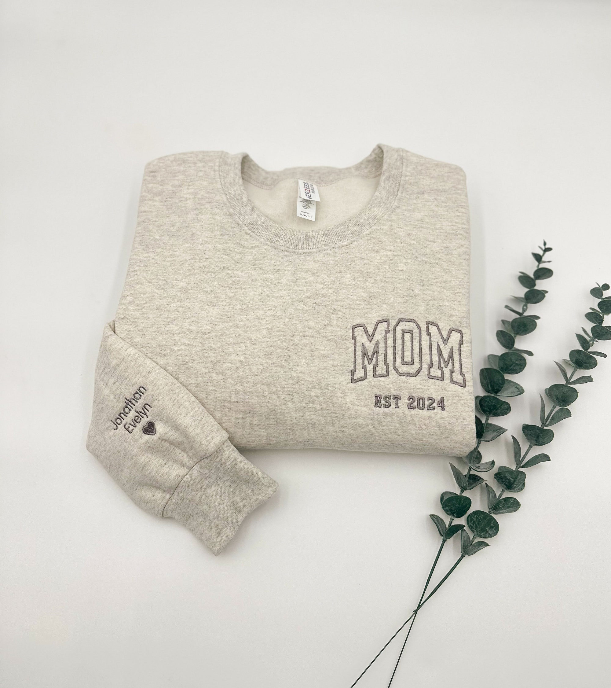 MOM Embroidered Sweatshirt or Hoodie - Name on Sleeve with Heart Mama Crewneck Father's Day Gift for Mom New Mom Mommy Est. Year Shirt image 3