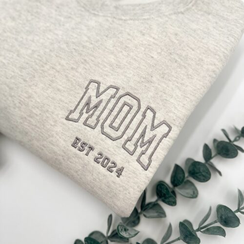 MOM Embroidered Sweatshirt or Hoodie - Name on Sleeve with Heart Mama Crewneck Father's Day Gift for Mom New Mom Mommy Est. Year Shirt image 0