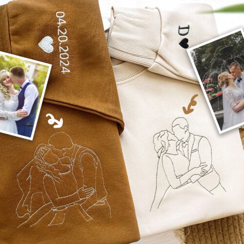 Custom Embroidered Portrait Sweatshirt - Outline Photo Family One Line Drawing Gift Couple Hoodie Anniversary & Engagement Gift image 0