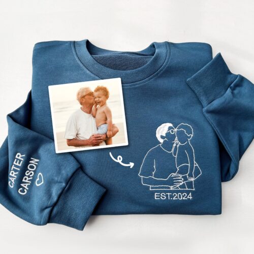 Custom Dad/Grandpa Hoodie - Embroidered Portrait Sweatshirt From Picture Personalized Father's Day Gifts image 0