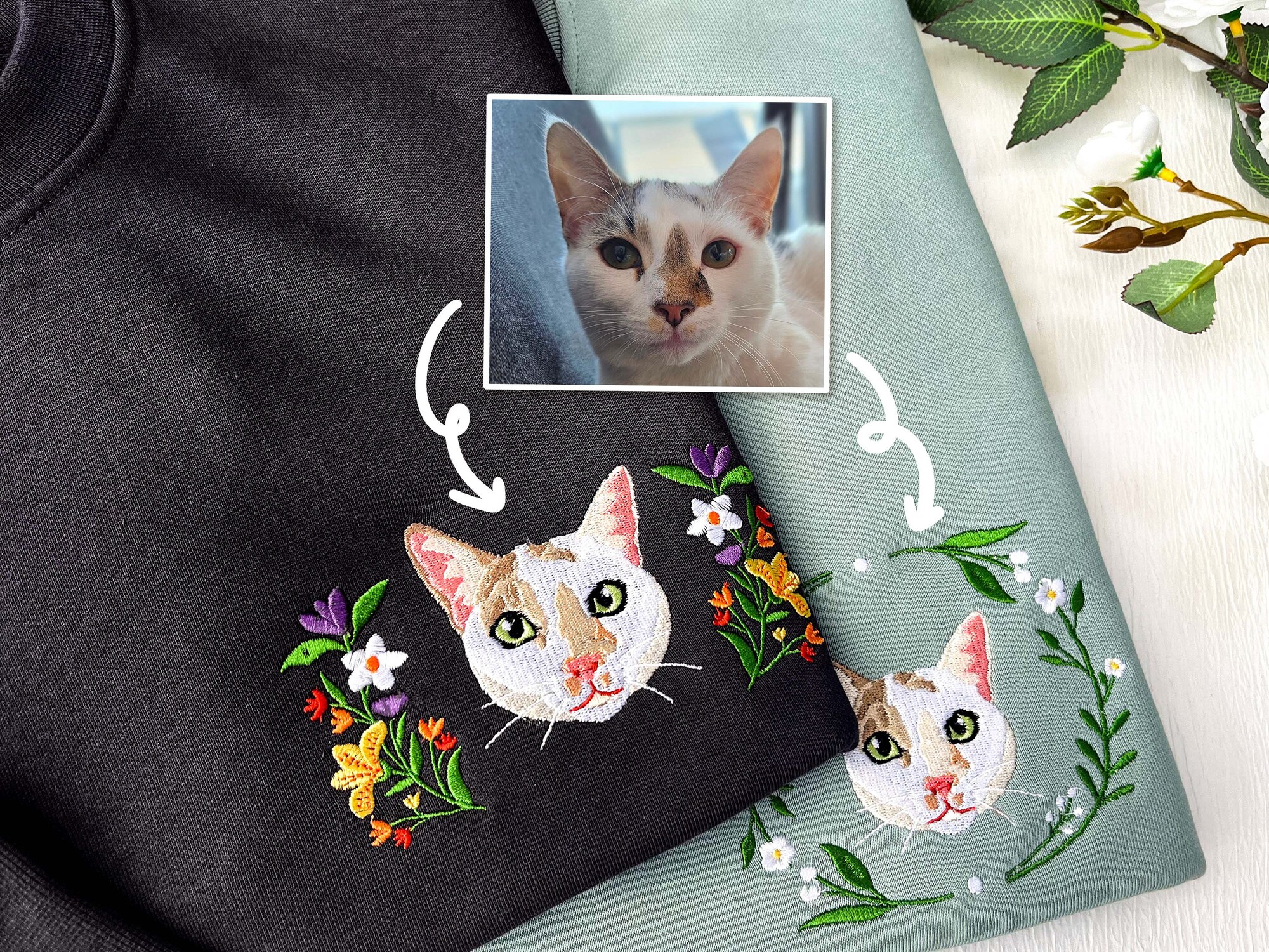 Custom Pet Portrait Embroidered Sweatshirt & Hoodie - Personalized Cat & Dog Tees Unique Gift image 1