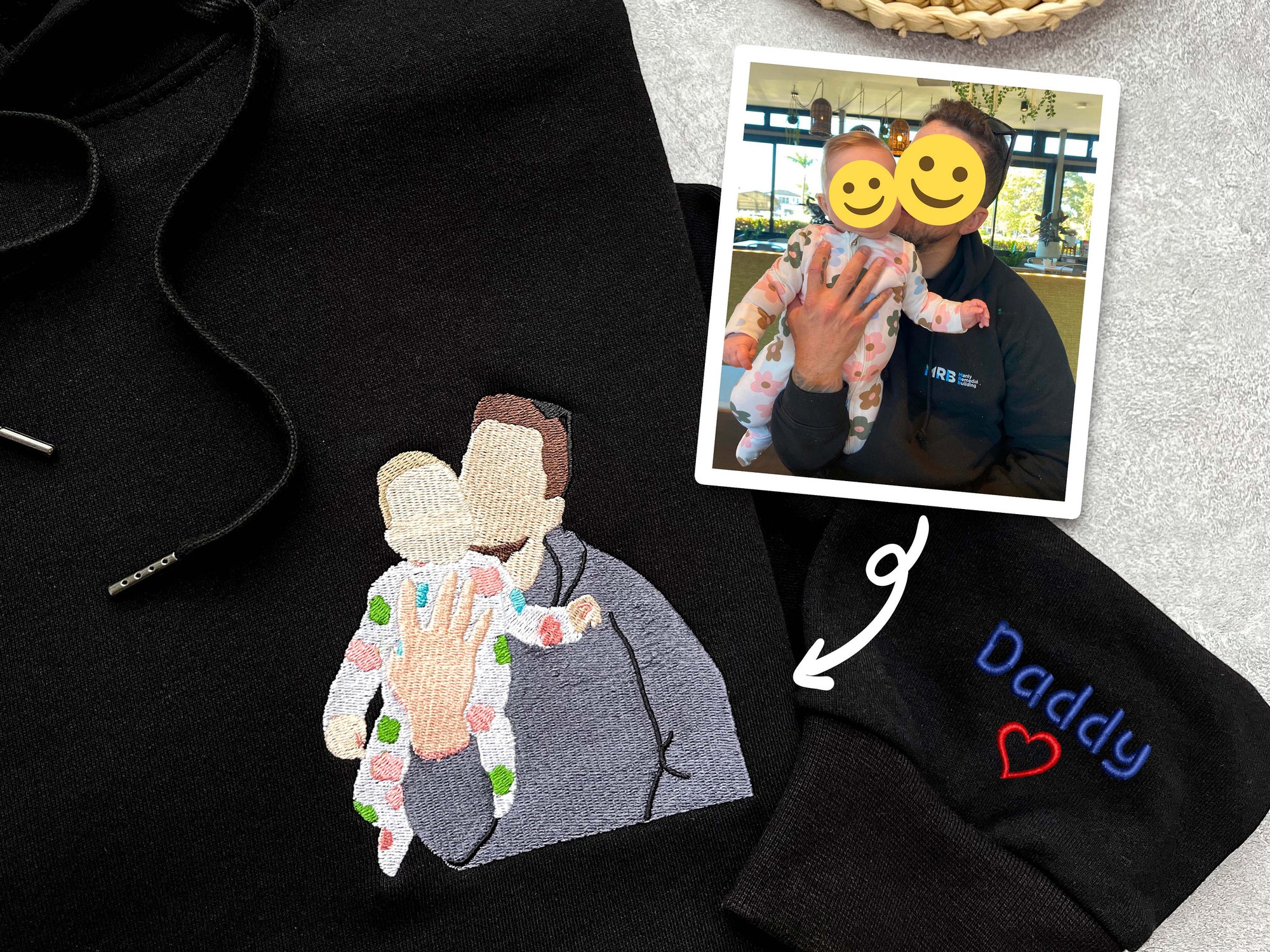 Embroidered Father's Day Hoodie - Custom Portrait from Photo Sweatshirt Family Portrait Crewneck Gift for Dad image 2