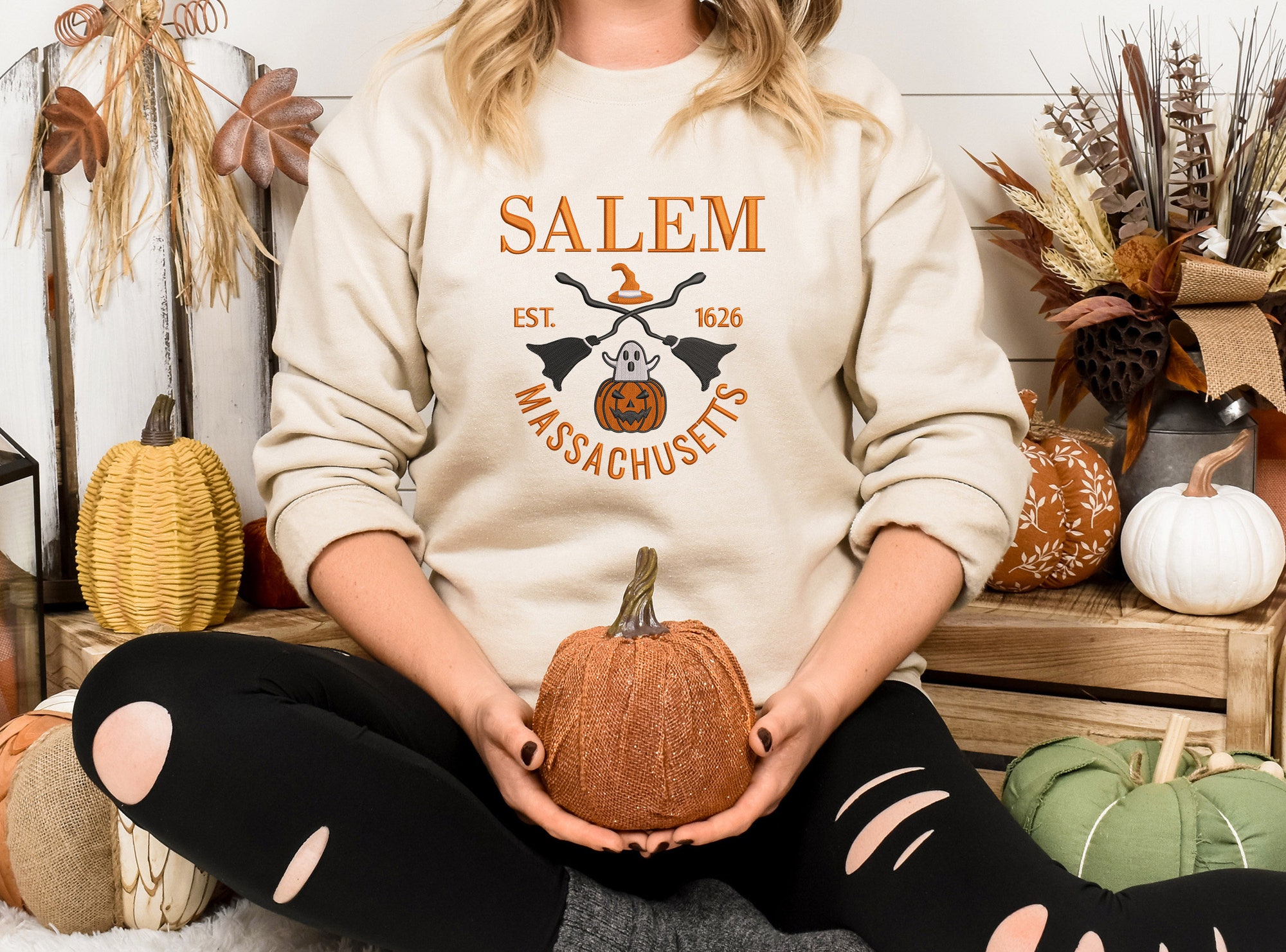 Salem Massachusetts Sweatshirt - Embroidered Halloween Est. Date Family Matching Fall Crewneck Special Halloween Gifts image 3