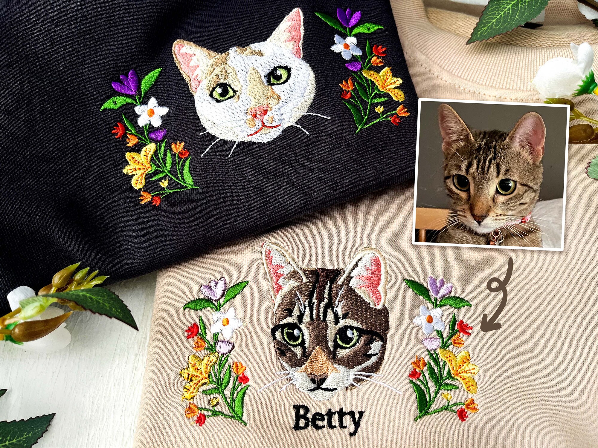 Custom Pet Portrait Embroidered Sweatshirt & Hoodie - Personalized Cat & Dog Tees Unique Gift image 2