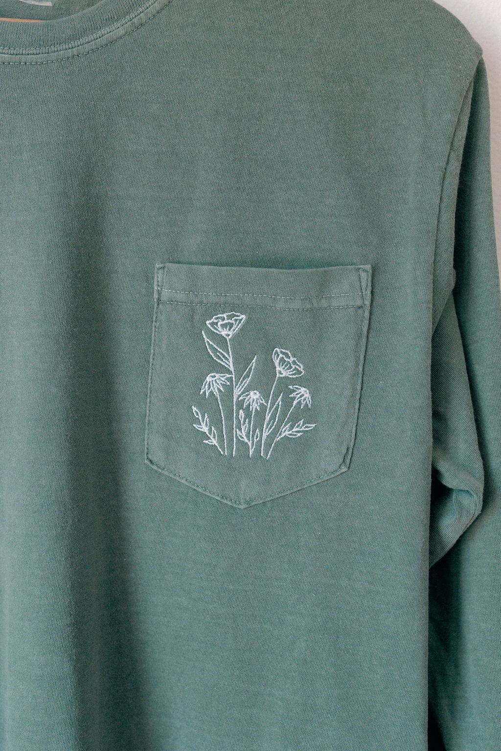 Wild Flowers Embroidered Long Sleeve Pocket Tee Summer Camping T-Shirt Green Floral Design image 1