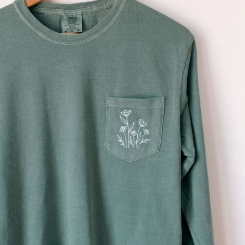 Wild Flowers Embroidered Long Sleeve Pocket Tee Summer Camping T-Shirt Green Floral Design image 0