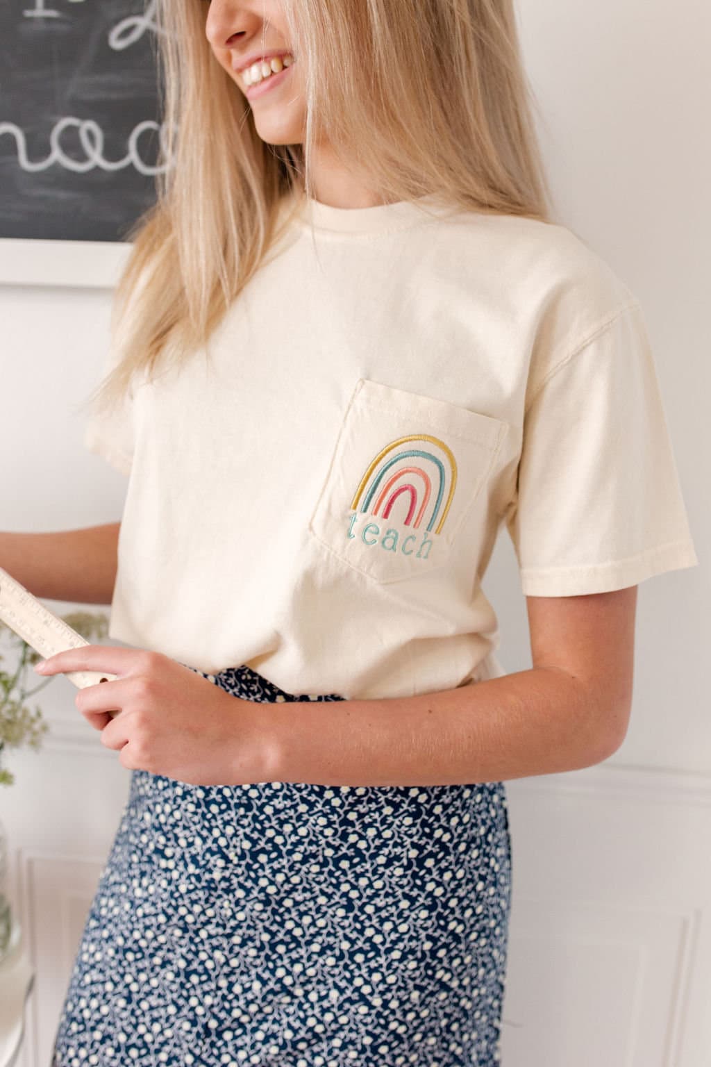 Teach Rainbow Embroidered Pocket Tee Back to School Teacher Gift Short Sleeve T-Shirt image 4