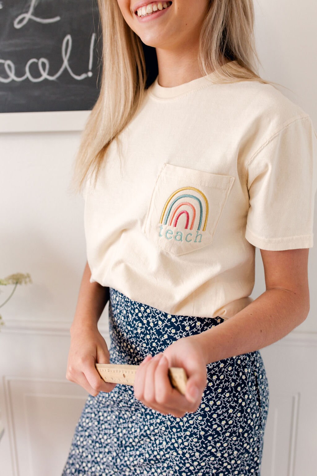 Teach Rainbow Embroidered Pocket Tee Back to School Teacher Gift Short Sleeve T-Shirt image 5