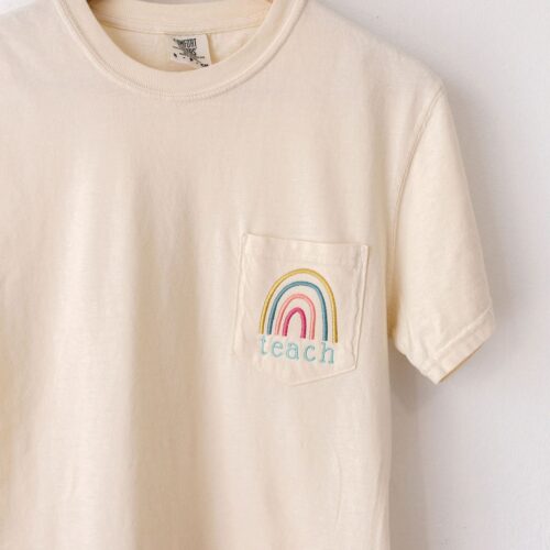 Teach Rainbow Embroidered Pocket Tee Back to School Teacher Gift Short Sleeve T-Shirt image 0