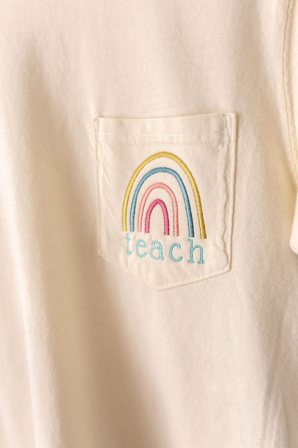 Teach Rainbow Embroidered Pocket Tee Back to School Teacher Gift Short Sleeve T-Shirt image 3